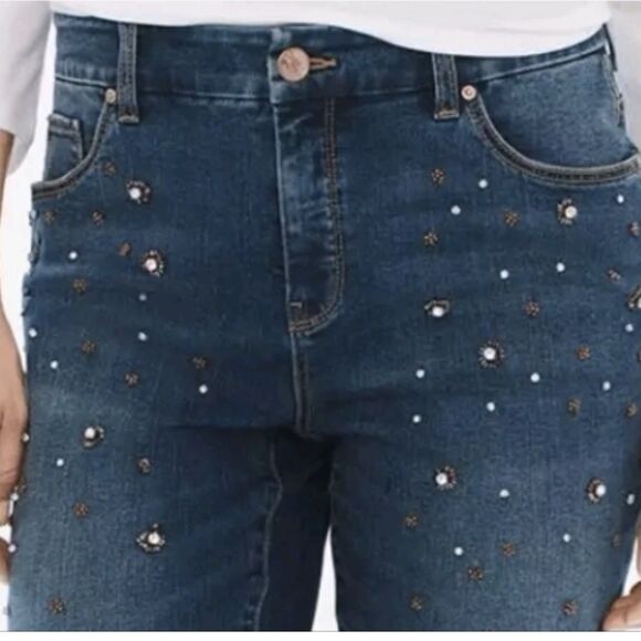 Sold- Chicos Scattered Stones Girlfriend Jeans - Size 2.5/ Large Or 14- Blue - Picture 2 of 9